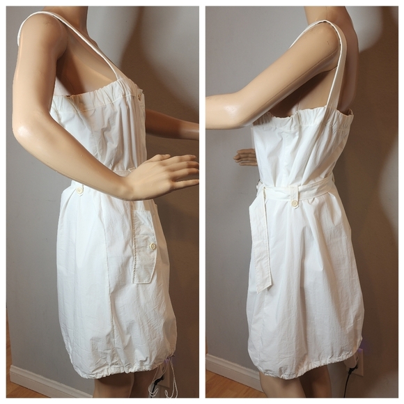 Theory Cinch Hem Button Front White Sleeveless Dress Belted Pockets Size 8 - Picture 10 of 16